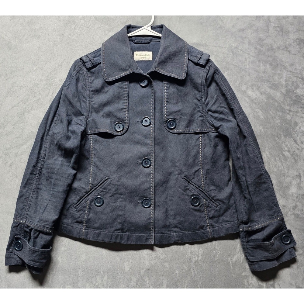 Massimo Dutti Womens L Navy Blue Cropped Trench Jacket Cotton Made in Portugal - Picture 2 of 9